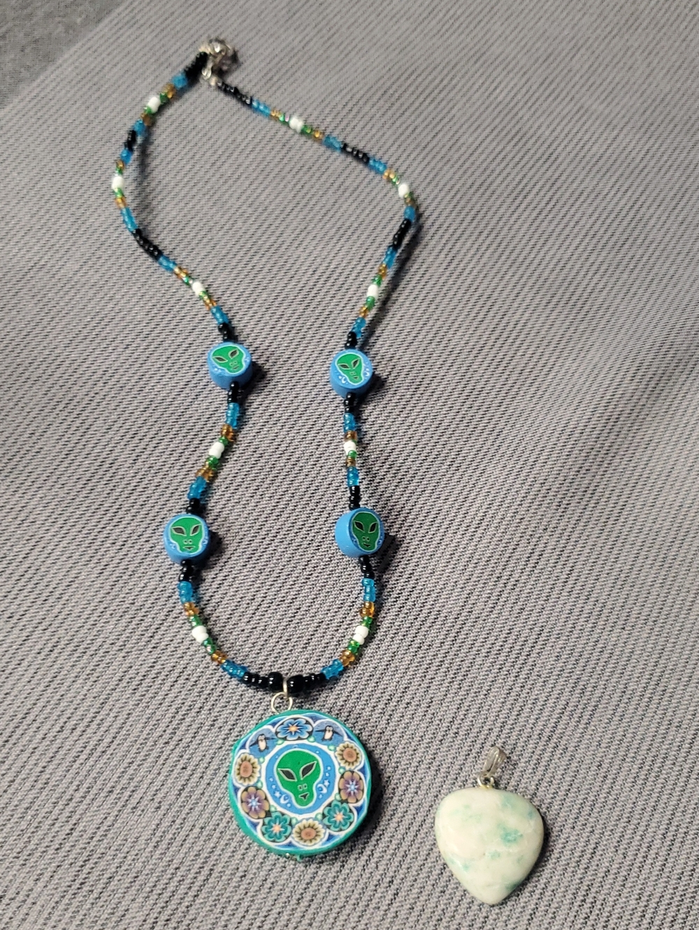 Blue & Green Alien Pendant Beaded Necklace